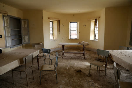 The interior of a deserted church is seen in an area recently cleared of mines and unexploded ordnance in a project to clear the area near Qasr Al-Yahud, a traditional baptism site along the Jordan River, near Jericho in the occupied West Bank, December 9, 2018. REUTERS/Ammar Awad