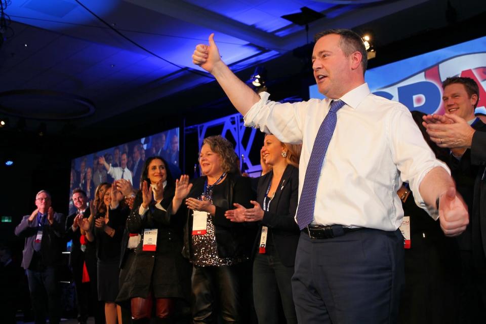 Jason Kenney, then premier of Alberta, delivers his address to the UCP AGM in 2019. Kenney resigned in 2022 after narrowly surviving a leadership review.