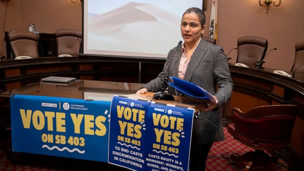 PHOTO: California State Sen. Aisha Wahab proposes SB 403, a bill which adds caste as a protected category in the state's anti-discrimination laws, in Sacramento, Calif., March 22, 2023. (Jose Luis Villegas/AP, FILE)