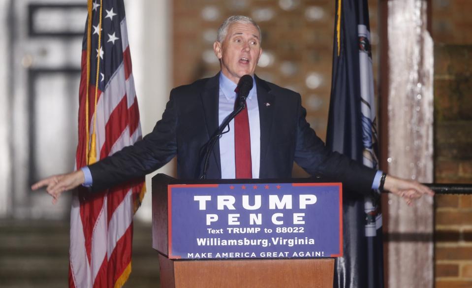 Indiana Gov. Mike Pence gestures as he addresses a rally in front of the Colonial Capitol in Williamsburg, Va., on Sept. 20, 2016. (Photo: Steve Helber/AP)