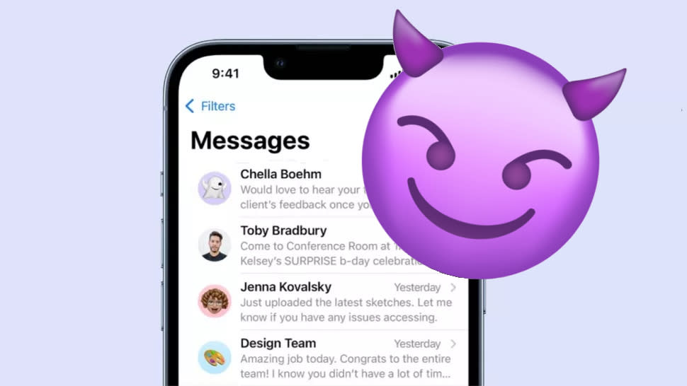  iPhone Messages with purple devil emoji 