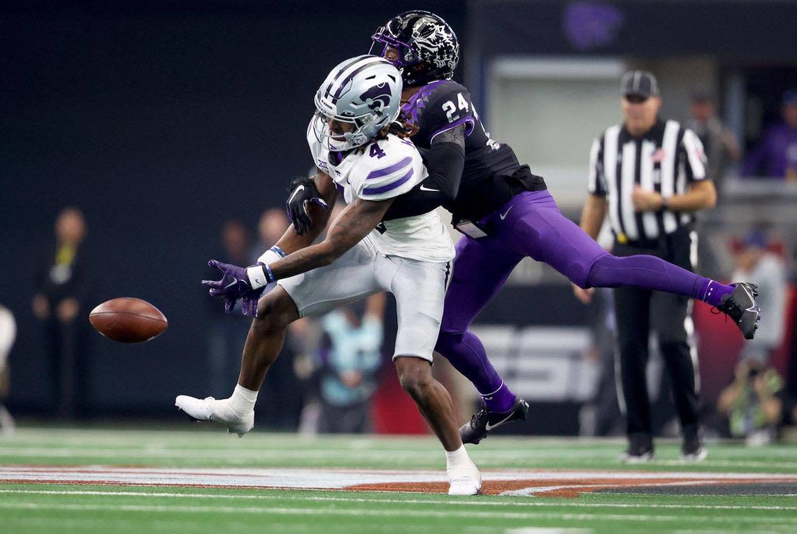 TCU corner back Josh Newton breaks up a pass to Kansas State wide receiver Malik Knowles during the 2022 Dr. Pepper Big 12 Championship on Saturday, December 3, 2022.