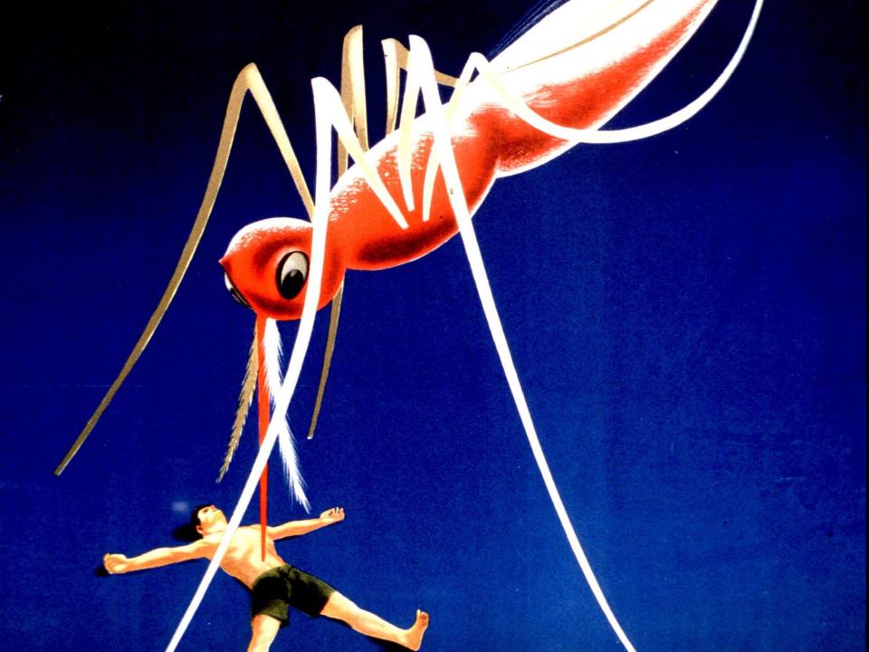 Poster depicting a giant mosquito standing over a man's body, advocating for people to protect themselves from malaria