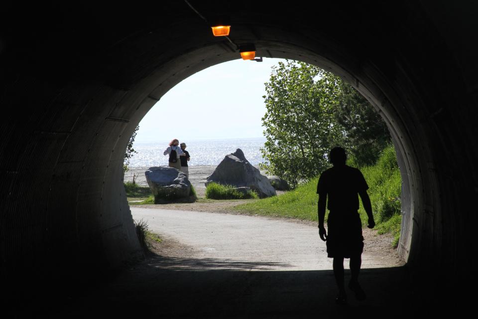 This photo taken June 11, 2013, shows a man running in a tunnel along the Tony Knowles Coastal Trail in downtown, Anchorage, Alaska, while others admire Cook Inlet. Anchorage offers more than 135 miles of multi-use trails in the city. (AP Photo/Mark Thiessen)