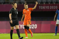 Netherlands' Vivianne Miedema celebrates after scoring a goal against Brazil during a women's soccer match at the 2020 Summer Olympics, Saturday, July 24, 2021, in Miyagi, Japan. (AP Photo/Andre Penner)