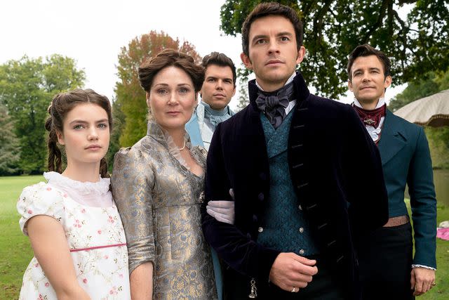 <p>Liam Daniel/Netflix</p> Florence Emilia Hunt as Hyacinth Bridgerton, Ruth Gemmell as Lady Violet Bridgerton, Luke Newton as Colin Bridgerton, Jonathan Bailey as Anthony Bridgerton and Luke Thompson as Benedict Bridgerton in 'Bridgerton' season 2