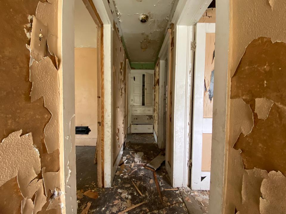 paint peeling in hallway of land bank authority in detroit