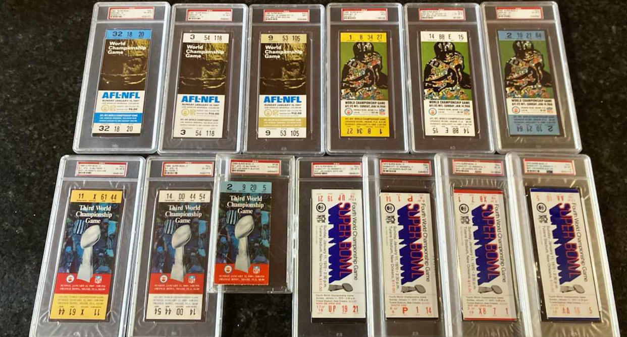 These tickets from the first four Super Bowls are among the prizes in Derek Stebner's collection. (Photo courtesy of Derek Stebner)