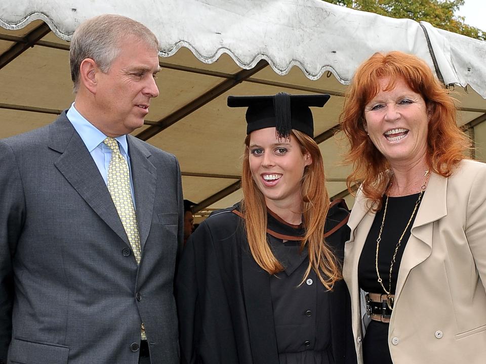Princess Beatrice at her graduation with her parents, Sarah Ferguson and Prince Andrew.