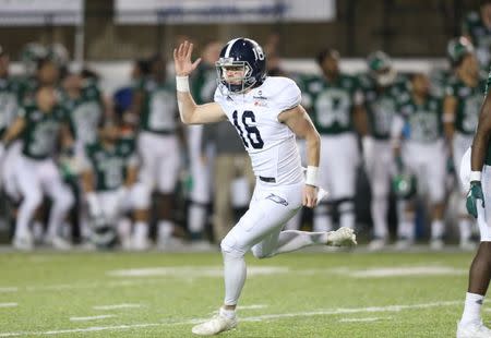 Dec 15, 2018; Montgomery, AL, United States; Georgia Southern Eagles place kicker Tyler Bass (16) reacts after kicking the game winning field goal to defeat Eastern Michigan Eagles at Cramton Bowl Stadium. Mandatory Credit: Marvin Gentry-USA TODAY Sports