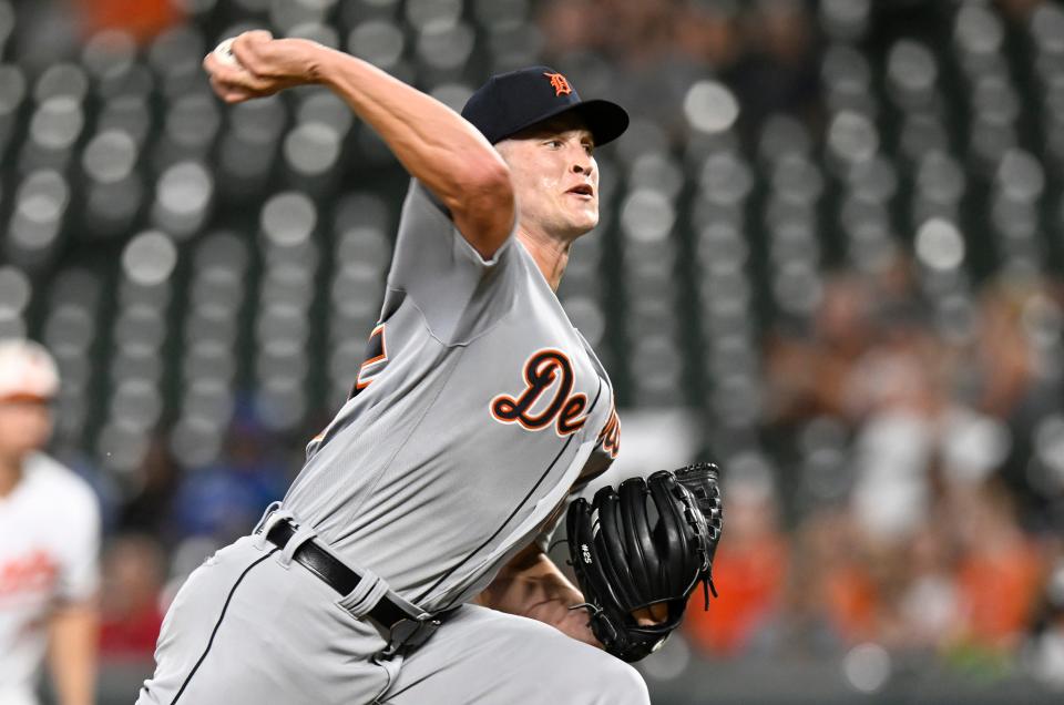 Matt Manning of the Detroit Tigers pitches in the third inning against the Baltimore Orioles at Oriole Park at Camden Yards in Baltimore on Wednesday, Sept. 21, 2022.