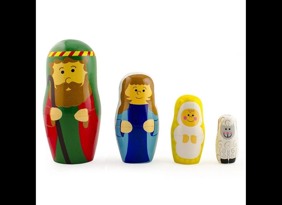 Nativity nesting dolls are fairly common, but Oestreicher likes <a href="http://www.orientaltrading.com/nativity-nesting-dolls-a2-36_2900-11-1.fltr?xsaleSku=13618085" target="_blank">this particular set</a> because the tiny sheep fits inside Baby Jesus.  