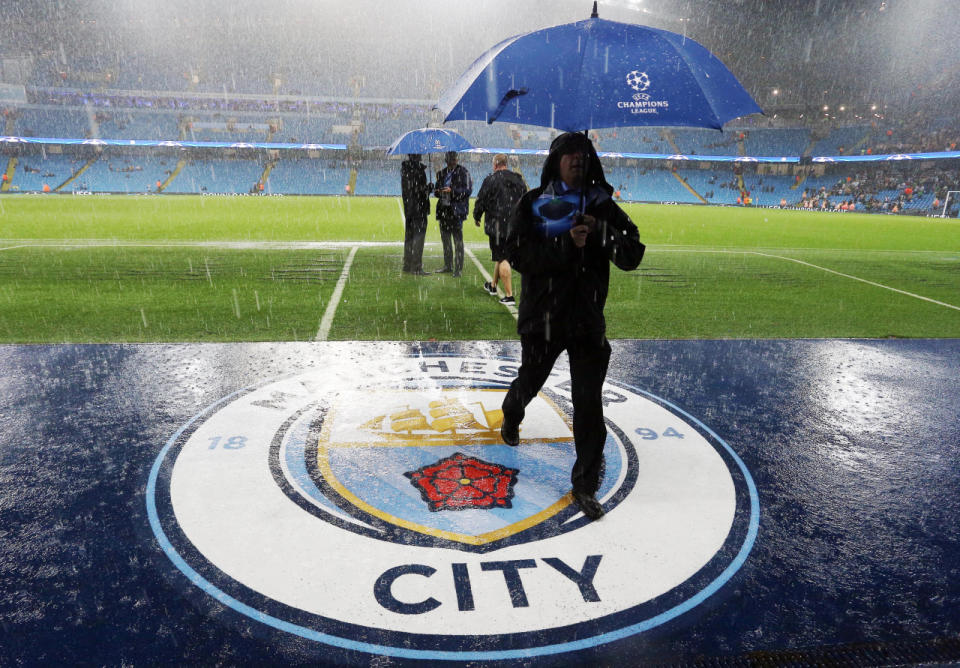 Earlier this week, torrential rain hit northern England causing Manchester City to postpone their Champions League match on Tuesday (Rex)