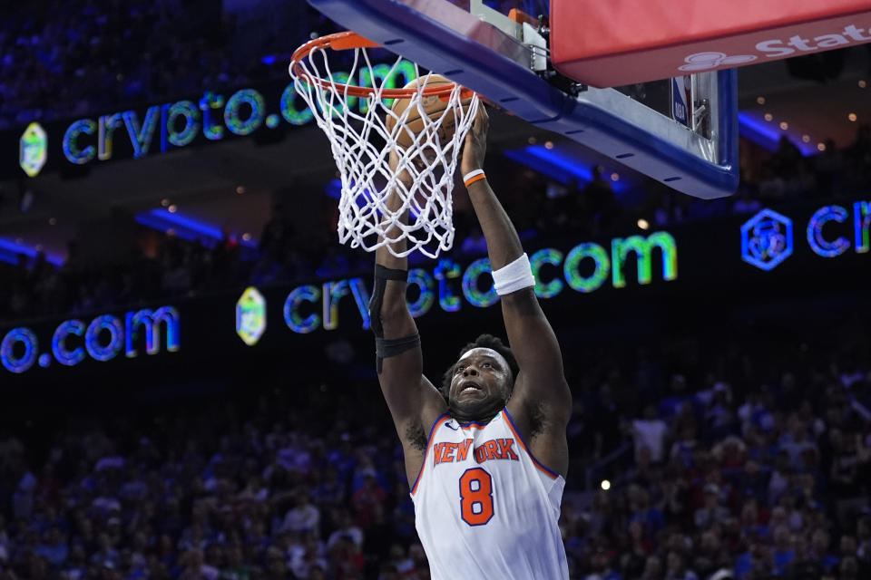 New York Knicks' OG Anunoby goes up to shoot against the Philadelphia 76ers during the first half of Game 6 in an NBA basketball first-round playoff series, Thursday, May 2, 2024, in Philadelphia. (AP Photo/Matt Slocum)