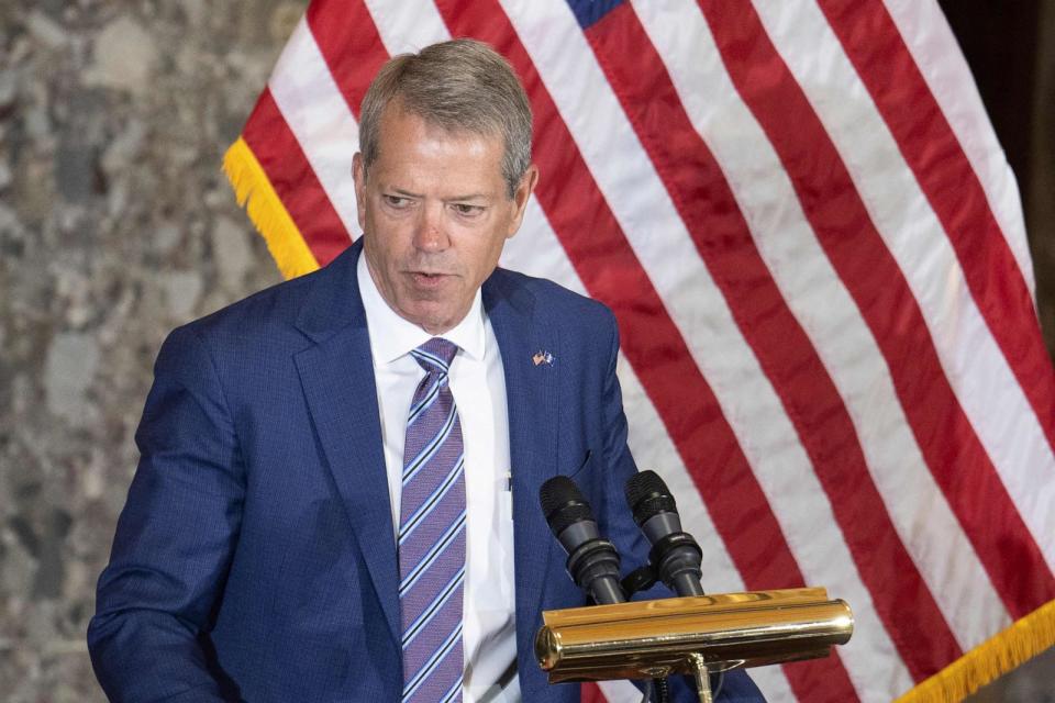 PHOTO: Nebraska Gov. Jim Pillen speaks during a statue dedication ceremony for writer and novelist Willa Cather, at the U.S. Capitol, June 7, 2023, in Washington. (Jim Watson/AFP via Getty Images, FILE)