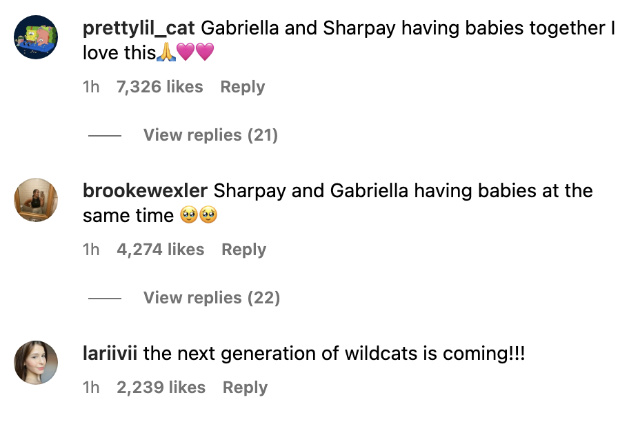 Three comments, including "Gabriella and Sharpay having babies together I love this," "Sharpay and Gabriella having babies at the same time," and "the next generation of wildcats is coming!!!"