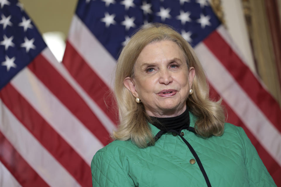 WASHINGTON, DC - MARCH 17: Rep. Carolyn Maloney (D-NY) delivers remarks as she participates in a bill enrollment ceremony for the Postal Service Reform Act, H.R. 3076, at the U.S. Capitol on March 17, 2022 in Washington, DC. The bill provides major financial relief to modernize the agency and restructure employee benefits to save money. (Photo by Kevin Dietsch/Getty Images)