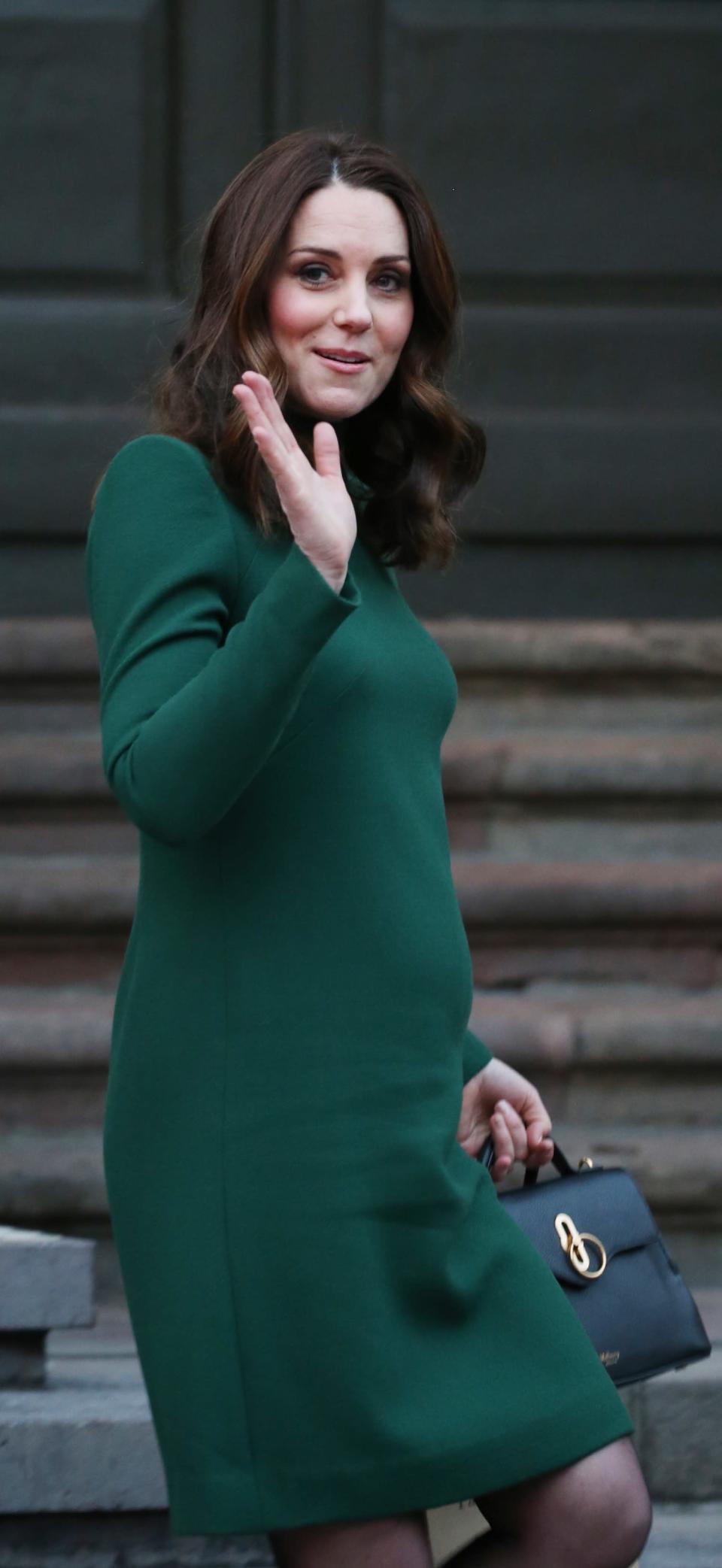 <p>Catherine, Duchess of Cambridge, visits the Nobel Museum wearing a hunter-green dress on a royal visit to Sweden and Norway with Prince William, on Jan. 30, 2018. (Photo: Getty Images) </p>