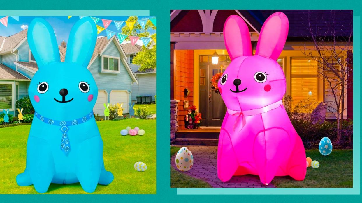 blue and pink goosh 5 foot inflatable easter bunnies