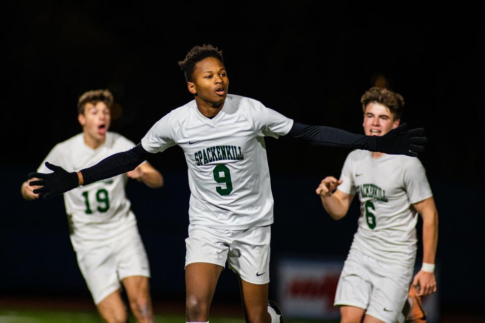 Spackenkill's Davis Barnes celebrates his goal during the state Class B boys soccer championship game at Faller Field in Middletown on Nov. 12, 2023.