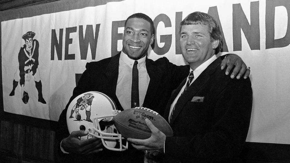 Mandatory Credit: Photo by Ted Gartland/AP/Shutterstock (6556250a)Irving Fryar, left, poses with New England Patriots coach Ron Meyer, right, during a press conference at Sullivan Stadium in Foxboro, Massachusetts, on .