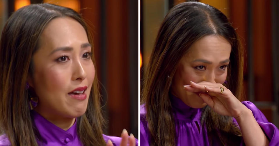A composite image of MasterChef judge Melissa Leong becoming emotional while tasting a contestant's dish