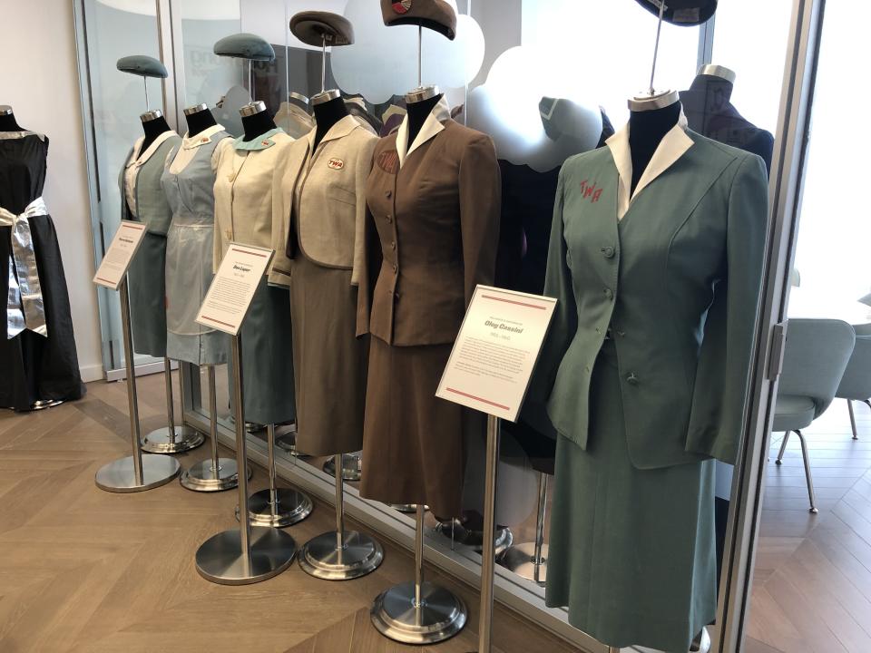 Display of old TWA employee uniforms. [Credit: Brian Sozzi]