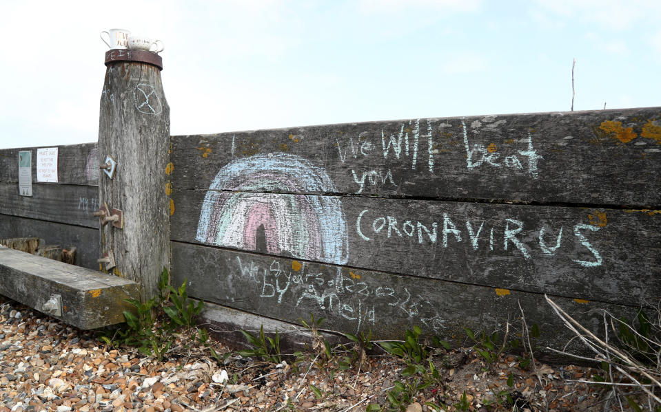 A message left by an eight year old girl on a beach groyne in Whitstable, Kent, as the UK continues in lockdown to help curb the spread of the coronavirus. (Photo by Gareth Fuller/PA Images via Getty Images)