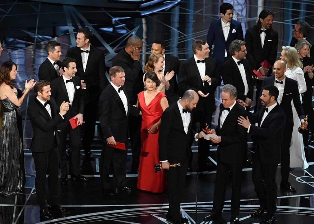 'La La Land' producer Jordan Horowitz holds up the winner card reading actual Best Picture winner ‘Moonlight'.