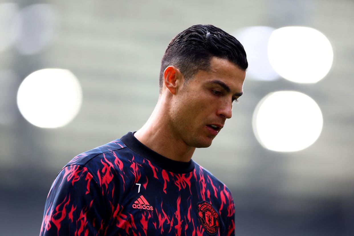 Cristiano Ronaldo of Manchester United looks on during warm up for the Premier League match between Brighton & Hove Albion and Manchester United at American Express Community Stadium.