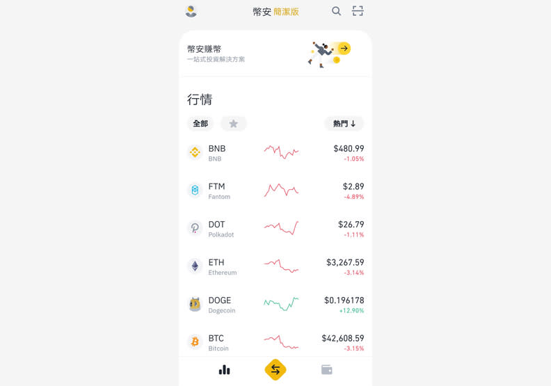 幣安交易介面特地開發「簡潔版」。擷取自幣安App