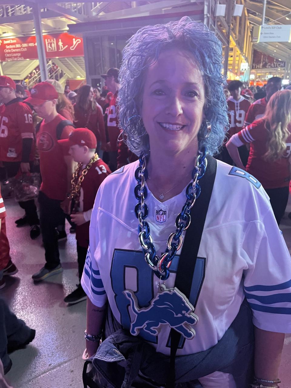 Chris LaPorta, 61, of St. Louis, attended the NFC Championship game to cheer on her nephew, Lions rookie tight end Sam LaPorta. Chris said she knows her nephew is disappointed with the loss to the San Francisco 49ers but they're destined for great things next year.