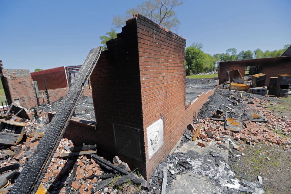 The ruins of the St. Mary Baptist Church, one of three churches that recently burned in St. Landry Parish, in Port Barre, La., on Wednesday, April 10. (ASSOCIATED PRESS)