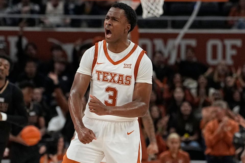 Nov 30, 2023; Austin, Texas, USA; Texas Longhorns guard Max Abmas (3) reacts after scoring a three point basket during the second half against the Texas State Bobcats at Moody Center.