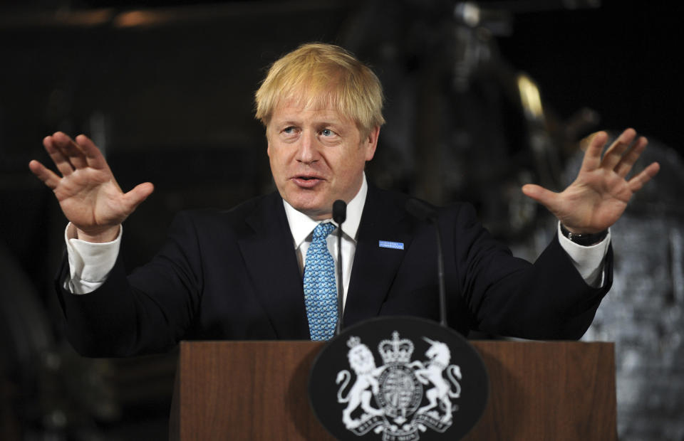 Britain's Prime Minister Boris Johnson gestures as he gives a speech on domestic priorities at the Science and Industry Museum in Manchester, northwest England on July 27, 2019. - British Prime Minister Boris Johnson on Saturday said Brexit was a "massive economic opportunity" but had been treated under his predecessor Theresa May as "an impending adverse weather event". (Photo by Rui Vieira / various sources / AFP)        (Photo credit should read RUI VIEIRA/AFP/Getty Images)