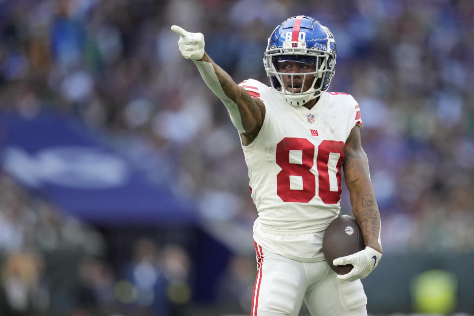 New York Giants wide receiver Richie James (80) gestures during the second quarter of an NFL game between the New York Giants and the Green Bay Packers at the Tottenham Hotspur stadium in London, Sunday, Oct. 9, 2022. (AP Photo/Kin Cheung)