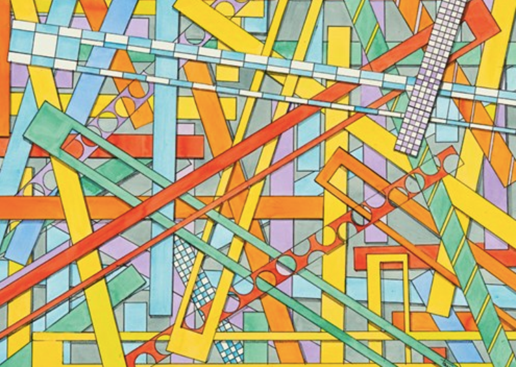 <span class="caption">Abstract diagonal lines by Tom Yendell, one of the painters in the study.</span> <span class="attribution"><a class="link " href="https://www.mfpa.uk/artwork-collection/?p=0&pgSize=219" rel="nofollow noopener" target="_blank" data-ylk="slk:Reproduced with kind permission by the Association of Mouth and Foot Painting Artists;elm:context_link;itc:0;sec:content-canvas">Reproduced with kind permission by the Association of Mouth and Foot Painting Artists</a></span>