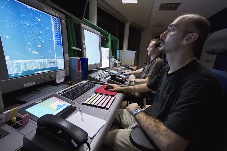 <span class="caption">The mandatory retirement age for air traffic controllers is 56.</span> <span class="attribution"><a class="link " href="https://www.shutterstock.com/image-photo/italy-venice-international-airport-14-september-440584210" rel="nofollow noopener" target="_blank" data-ylk="slk:Angelo Giampiccolo/Shutterstock;elm:context_link;itc:0;sec:content-canvas">Angelo Giampiccolo/Shutterstock</a></span>