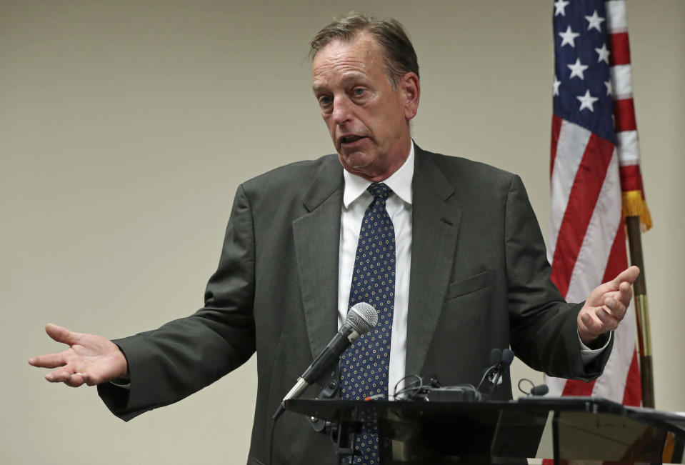 FILE - In This July 19, 2018, file photo, Washington County Attorney Pete Orput speaks in Saint Paul, Minn., during a press conference. Prosecutor Pete Orput will be handling the case against former Brooklyn Center, Minn., police Officer Kim Potter who is charged with manslaughter in the shooting death of Daunte Wright, during a traffic stop on April 11, 2021 in a Minneapolis suburb. (Shari L. Gross/Star Tribune via AP, File)