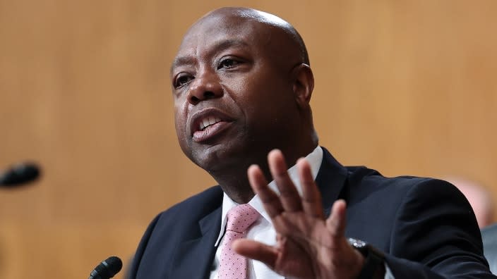 South Carolina Sen. Tim Scott speaks before a recent Senate Banking, Housing and Urban Affairs Committee oversight hearing on the SEC. (Photo: Evelyn Hockstein-Pool/Getty Images)