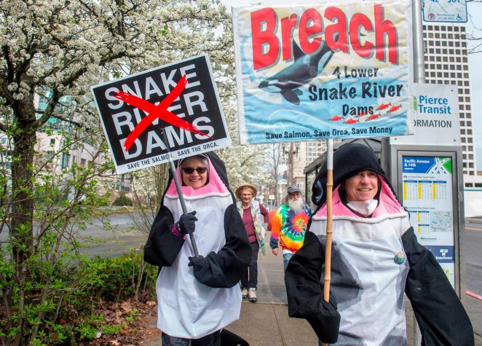 Demonstrators wear orca costumes as they march through downtown Tacoma March 26, 2002, to advocate for the removal of the Snake River dams and rally against the extinction of protected salmon that are a main source of food for orca.