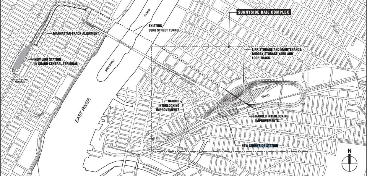 A map from 2005 included in Metropolitan Transportation Authority planning documents that shows the proposed location for a commuter railroad station in Sunnyside, Queens. The MTA dropped the plan for the station in 2016 to save time on the long-stalled East Side Access project.