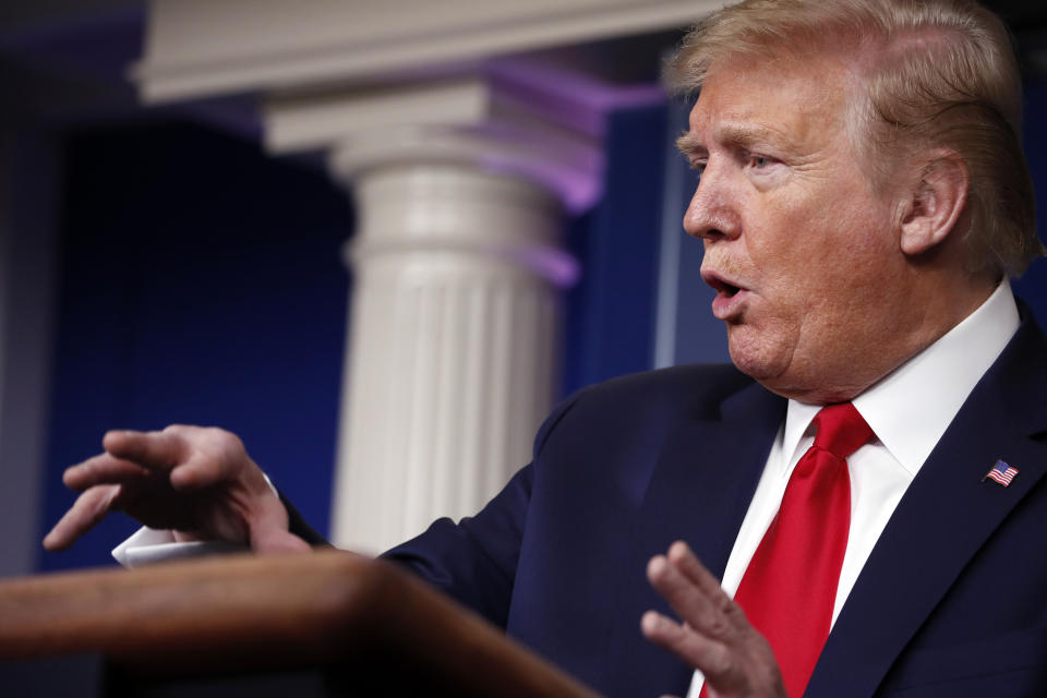 President Donald Trump speaks about the coronavirus in the James Brady Press Briefing Room of the White House, Wednesday, April 22, 2020, in Washington. (AP Photo/Alex Brandon)