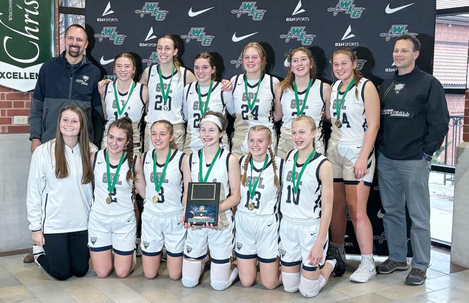 Great Plains Lutheran's girls basketball team went 2-0 to win over Lutheran Invitational Tournament on Friday and Saturday, Dec. 8-9 at Wisconsin Lutheran College in Milwaukee, Wis. GPL beat Michigan Lutheran 49-16 in the first round and Northland Lutheran (Wis.) 66-22 in the championship. Team members, include, from left in front, assistant coach Mali York, Lydia Schleusener, Kaitlyn Rawerts, Halle Bauer, Jolie Lien and Katherine Prahl; and back, assistant coach Aaron Schleusener, Abby Kjenstad, Olivia Holmen, Esta Cameron, Madeline Prahl, Alaina Bruemmer, Julia Prahl and head coach Matt Bauer. Not pictured is Kate Holmen.