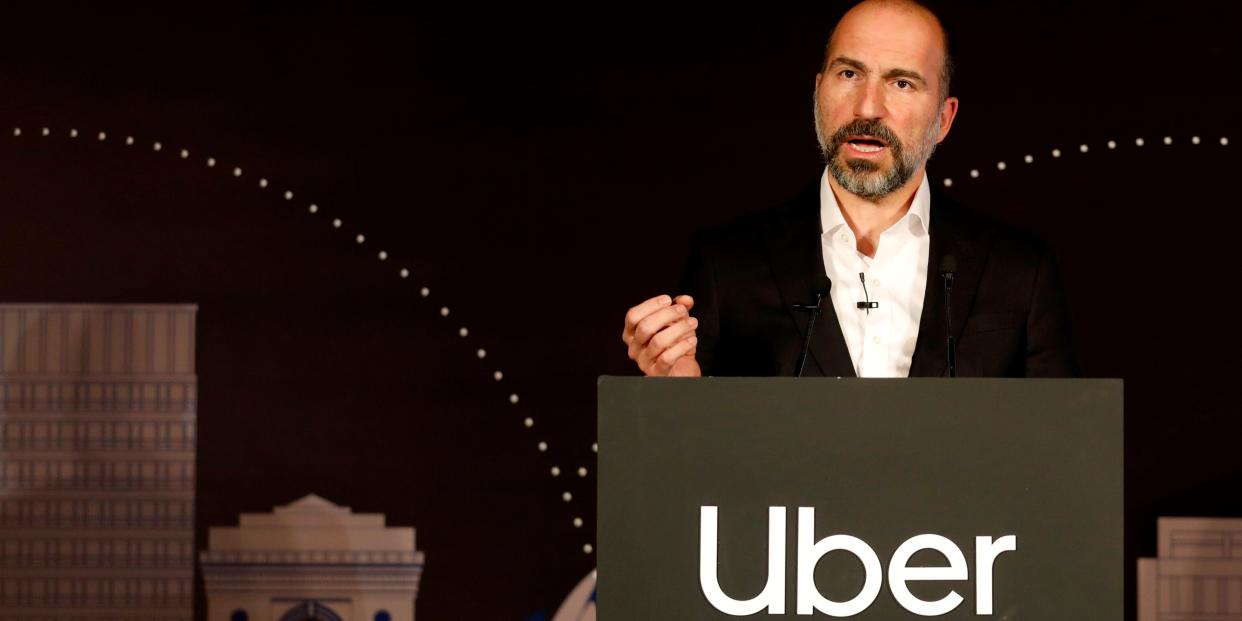 FILE PHOTO: Uber CEO Dara Khosrowshahi speaks to the media at an event in New Delhi, India, October 22, 2019. REUTERS/Anushree Fadnavis