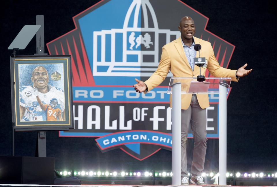 DeMarcus Ware delivers his speech Saturday during the Enshrinement.