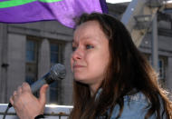 Actress Samantha Morton speaks at a demonstration against Nottingham City Council budget cuts in the Old Market Square, Nottingham.