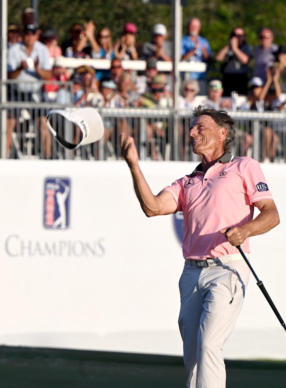 Bernhard Langer celebrates on the 18th green after winning the  Chubb Classic at the Tiburon Golf Club, Sunday, February 19th, 2022, in Naples, Fla.