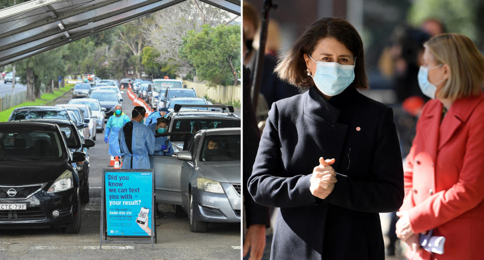 Cars lined up at a Covid testing clinic in Sydney's Roselands is pictured left. Gladys Berejiklian wears a face mask on the right.