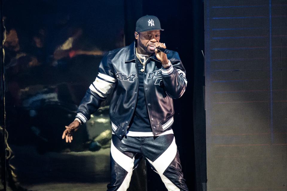 Rapper 50 Cent opens his show at Pine Knob Music Theatre on Sept. 17, 2023, part of his Final Lap tour.